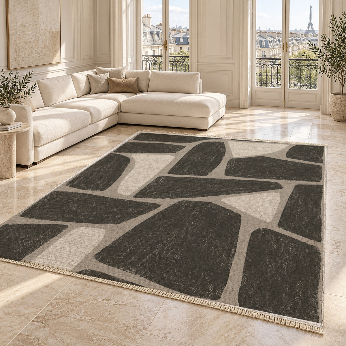 Chalk Fragment Greige & Charcoal washable rug angled room view on marble