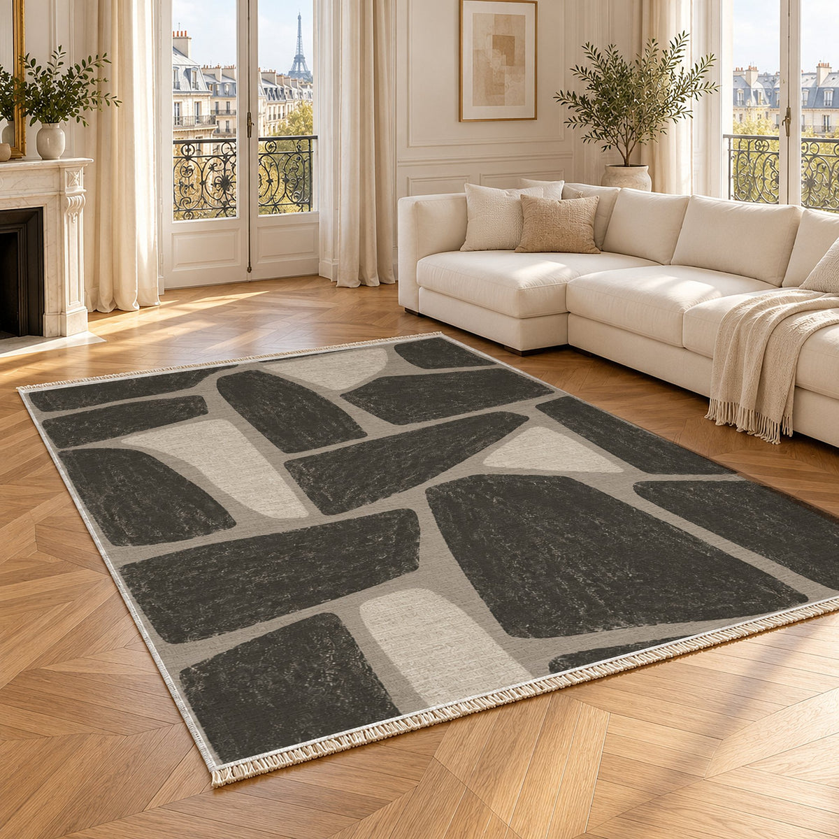 Chalk Fragment Greige & Charcoal washable rug angled room view
