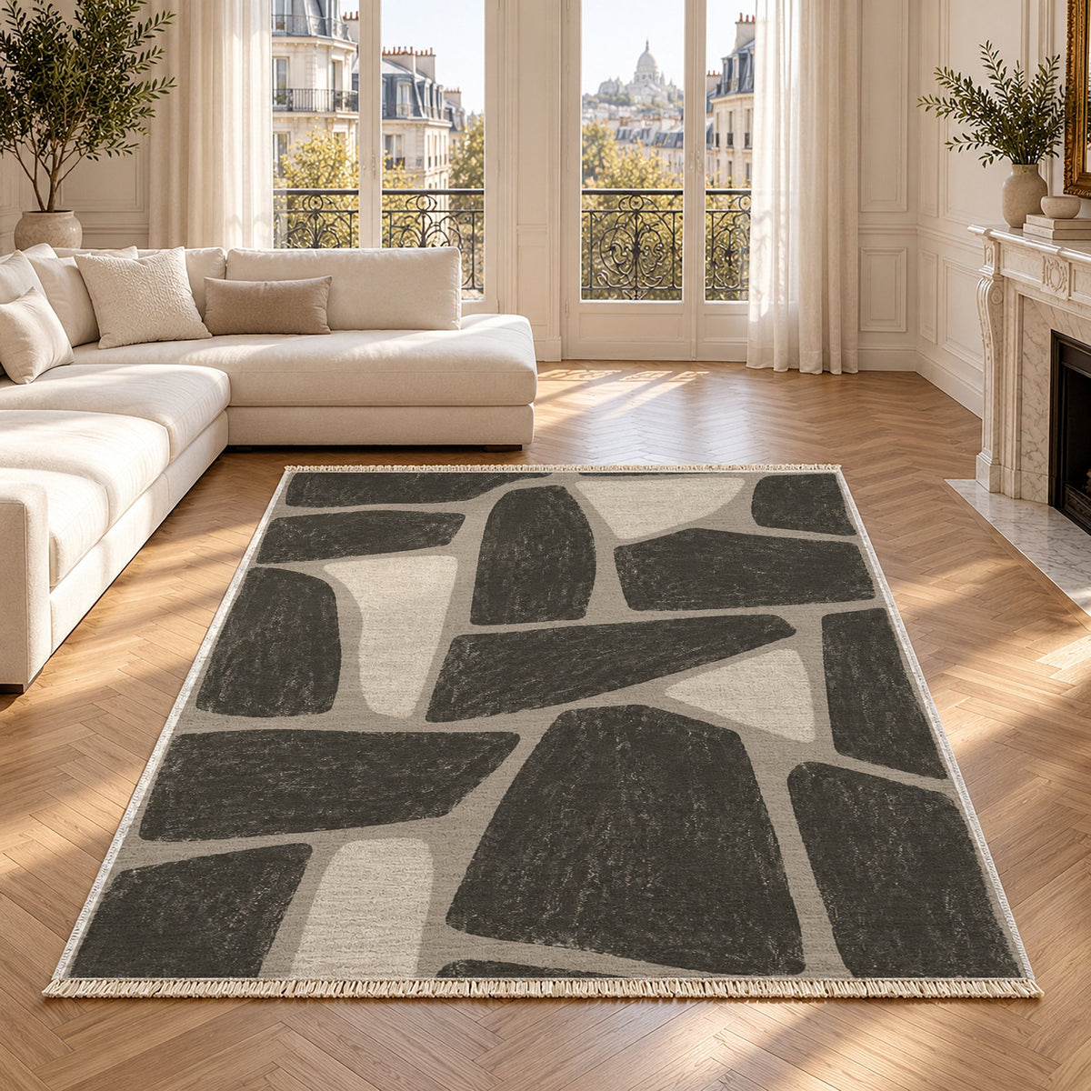 Chalk Fragment Greige & Charcoal washable rug in a Paris living room