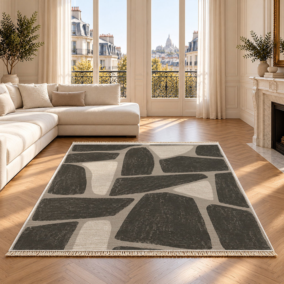 Chalk Fragment Greige & Charcoal washable rug on an oak floor