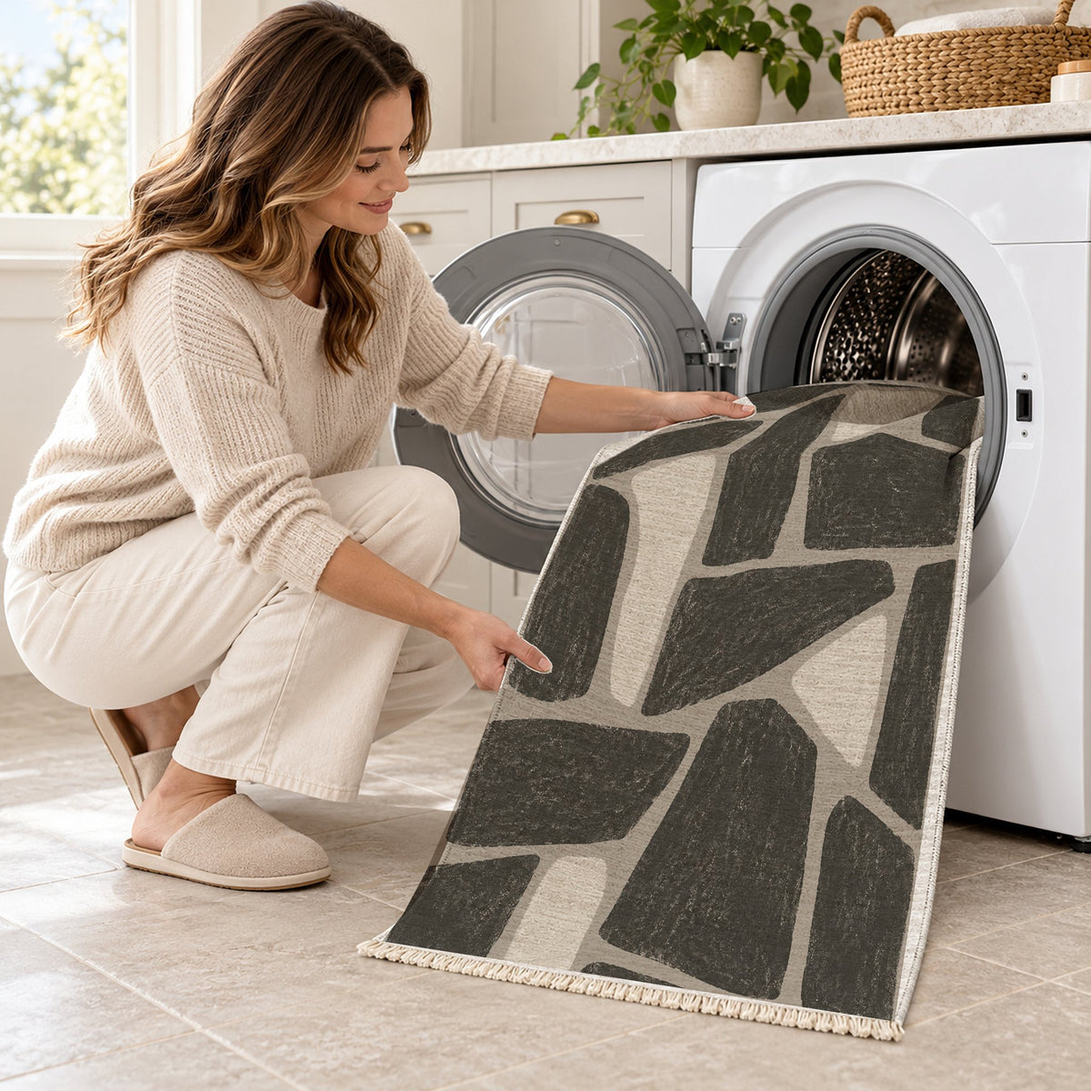 Chalk Fragment Greige & Charcoal washable rug being loaded into a washing machine