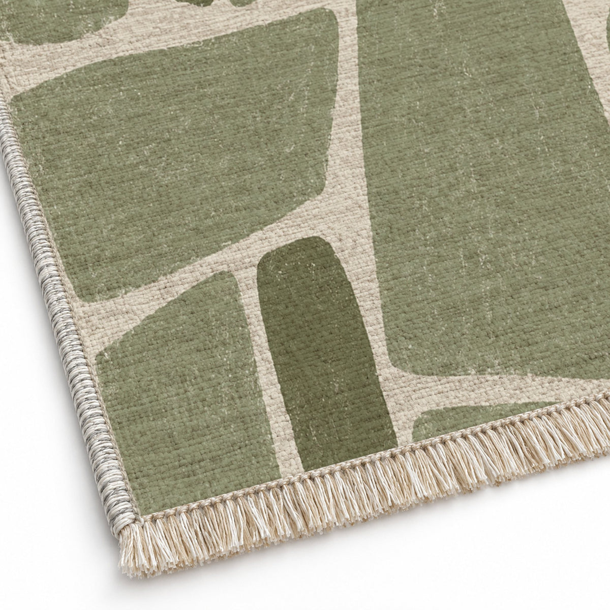 Chalk Fragment Ivory & Sage washable rug close-up of the printed chenille