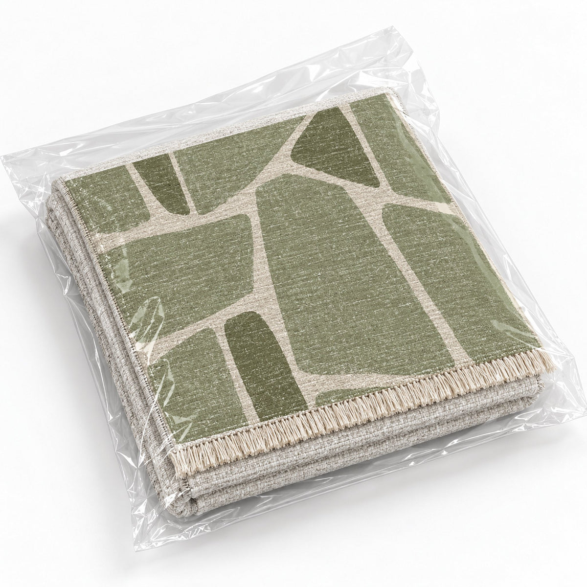Chalk Fragment Ivory & Sage washable rug rolled and packaged
