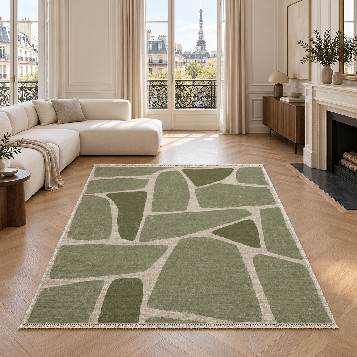 Chalk Fragment Ivory & Sage washable rug in a living room with an Eiffel Tower view