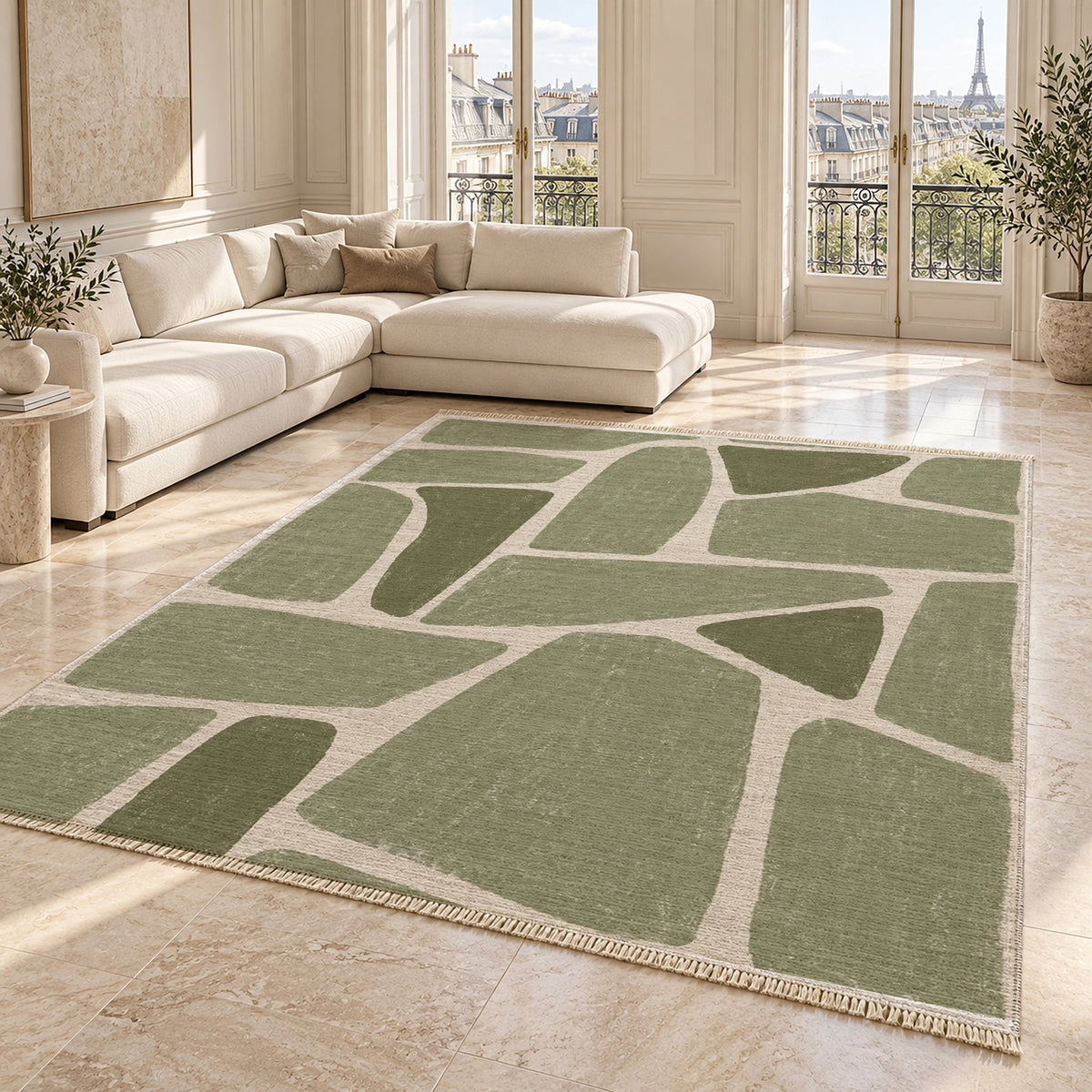 Chalk Fragment Ivory & Sage washable rug angled room view on marble
