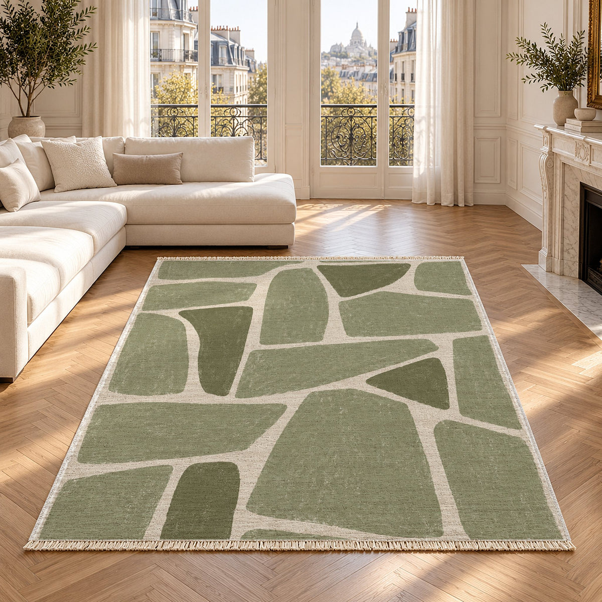 Chalk Fragment Ivory & Sage washable rug in a Paris living room
