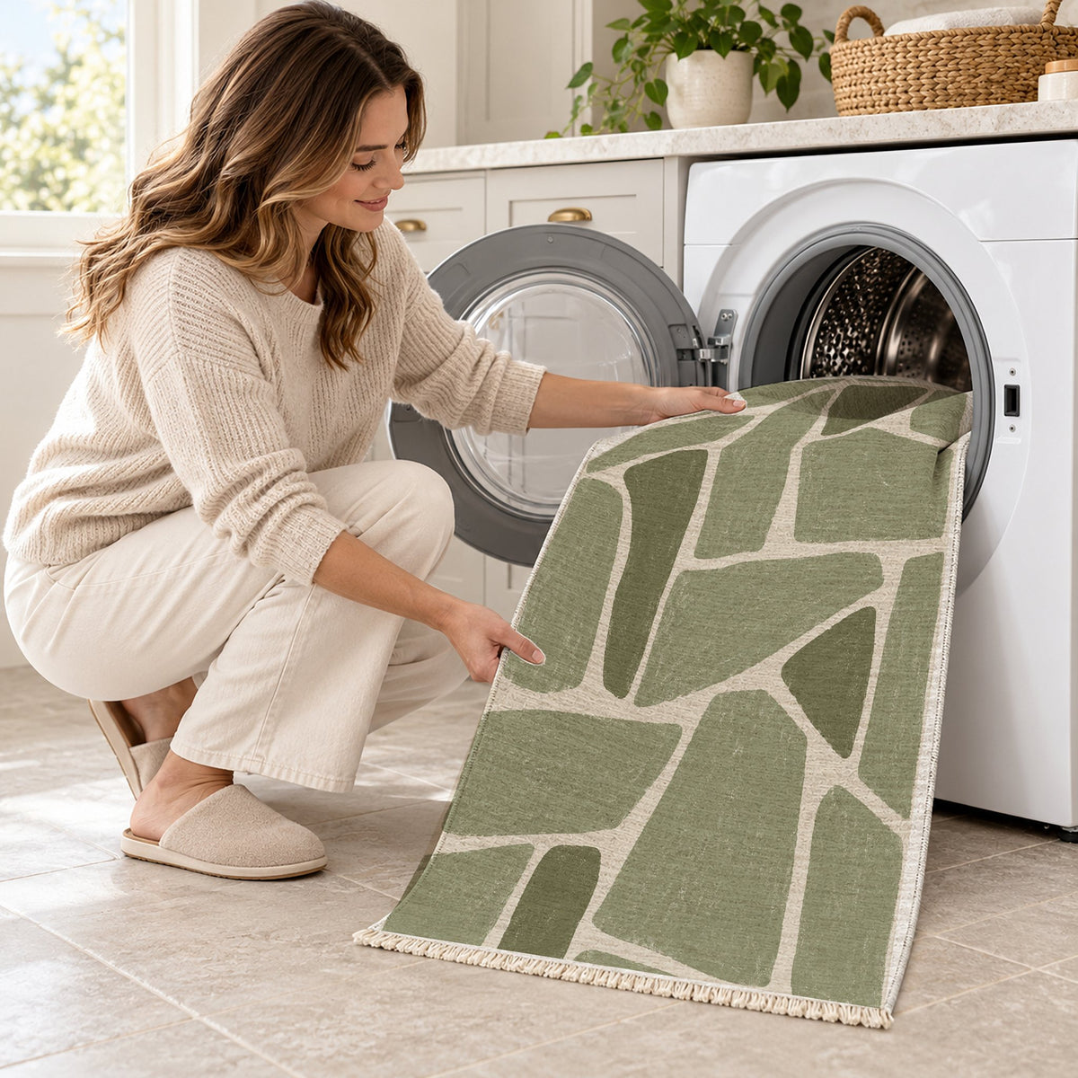 Chalk Fragment Ivory & Sage washable rug being loaded into a washing machine