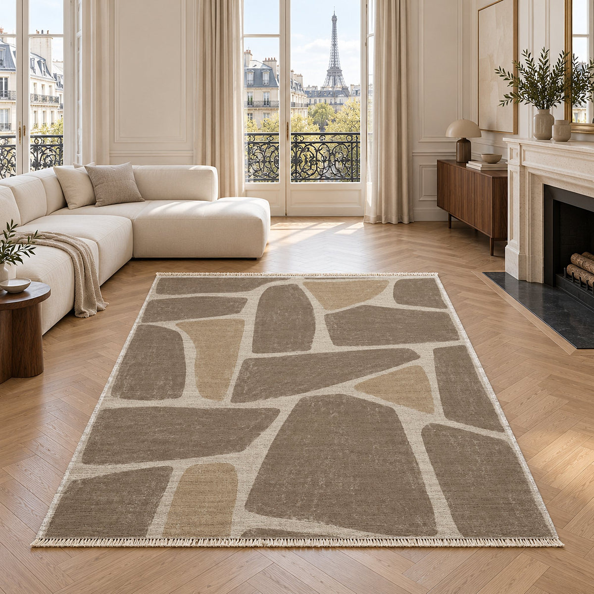 Chalk Fragment Ivory & Taupe washable rug in a living room with an Eiffel Tower view