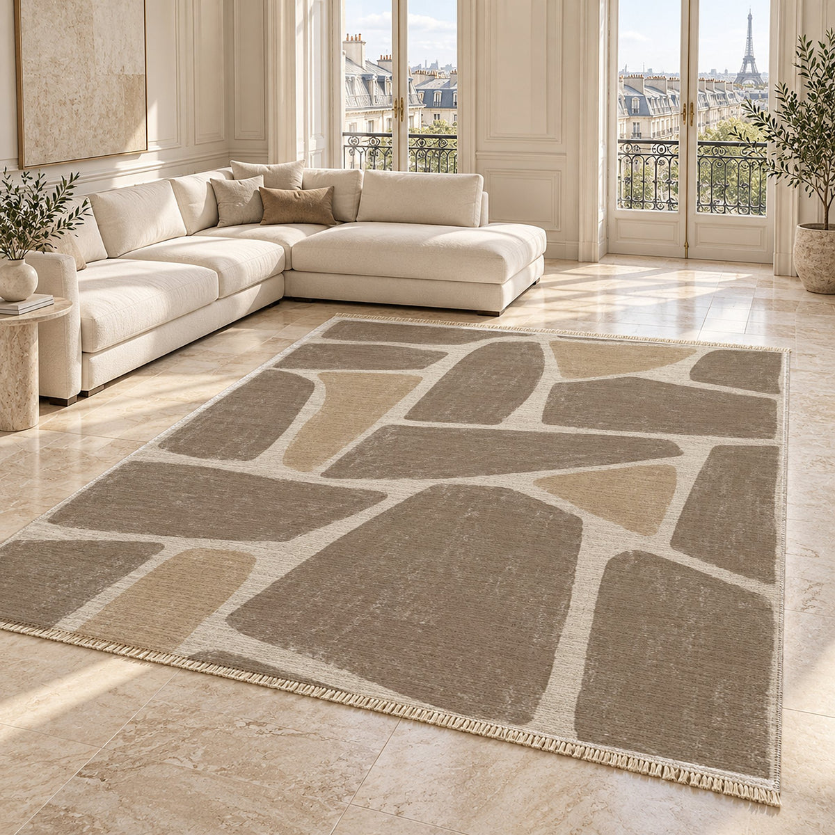 Chalk Fragment Ivory & Taupe washable rug angled room view on marble