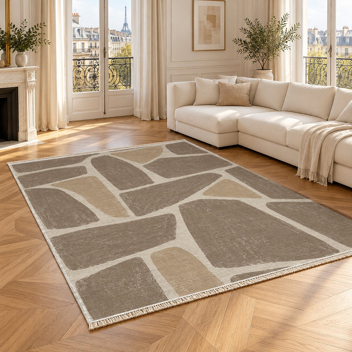 Chalk Fragment Ivory & Taupe washable rug angled room view