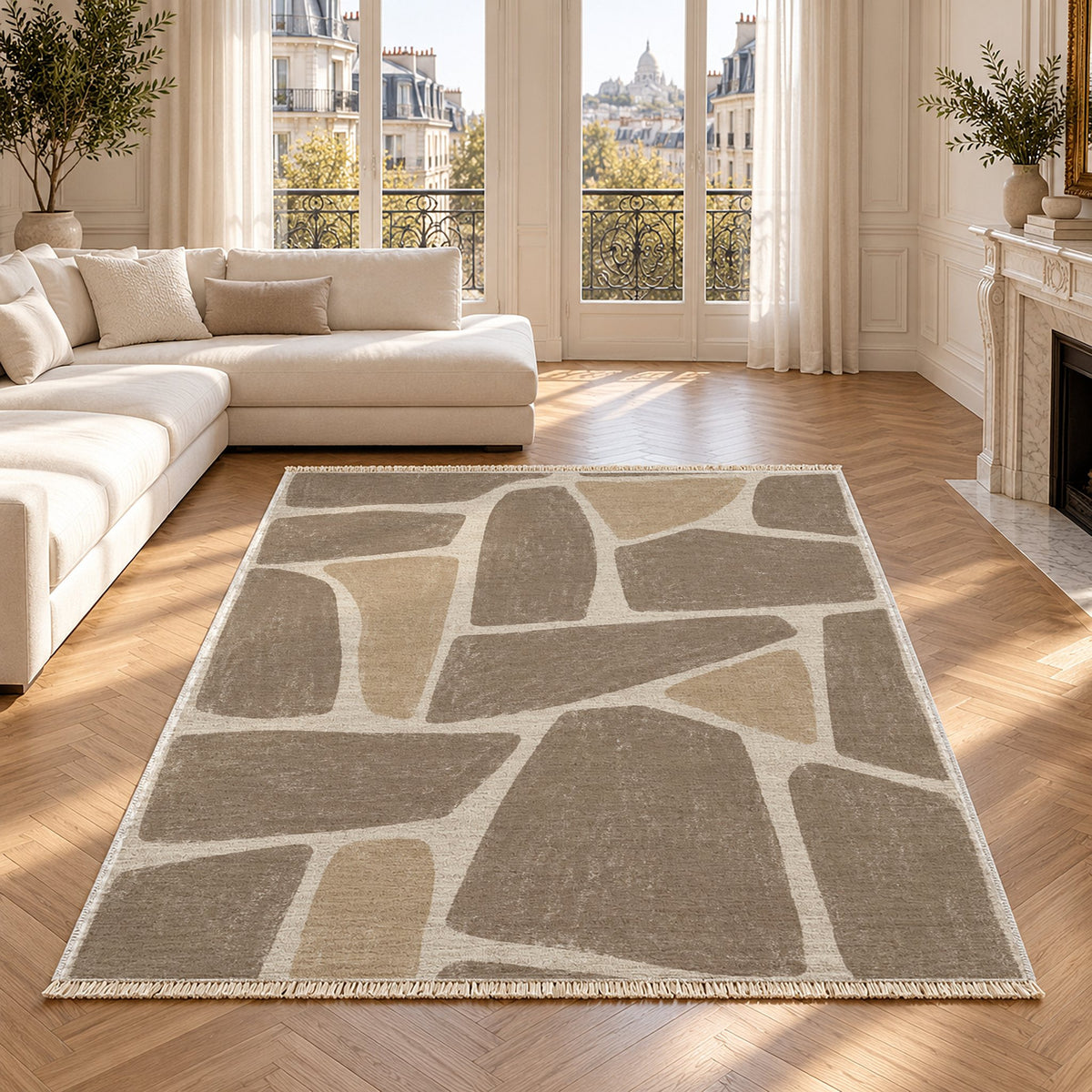 Chalk Fragment Ivory & Taupe washable rug in a Paris living room