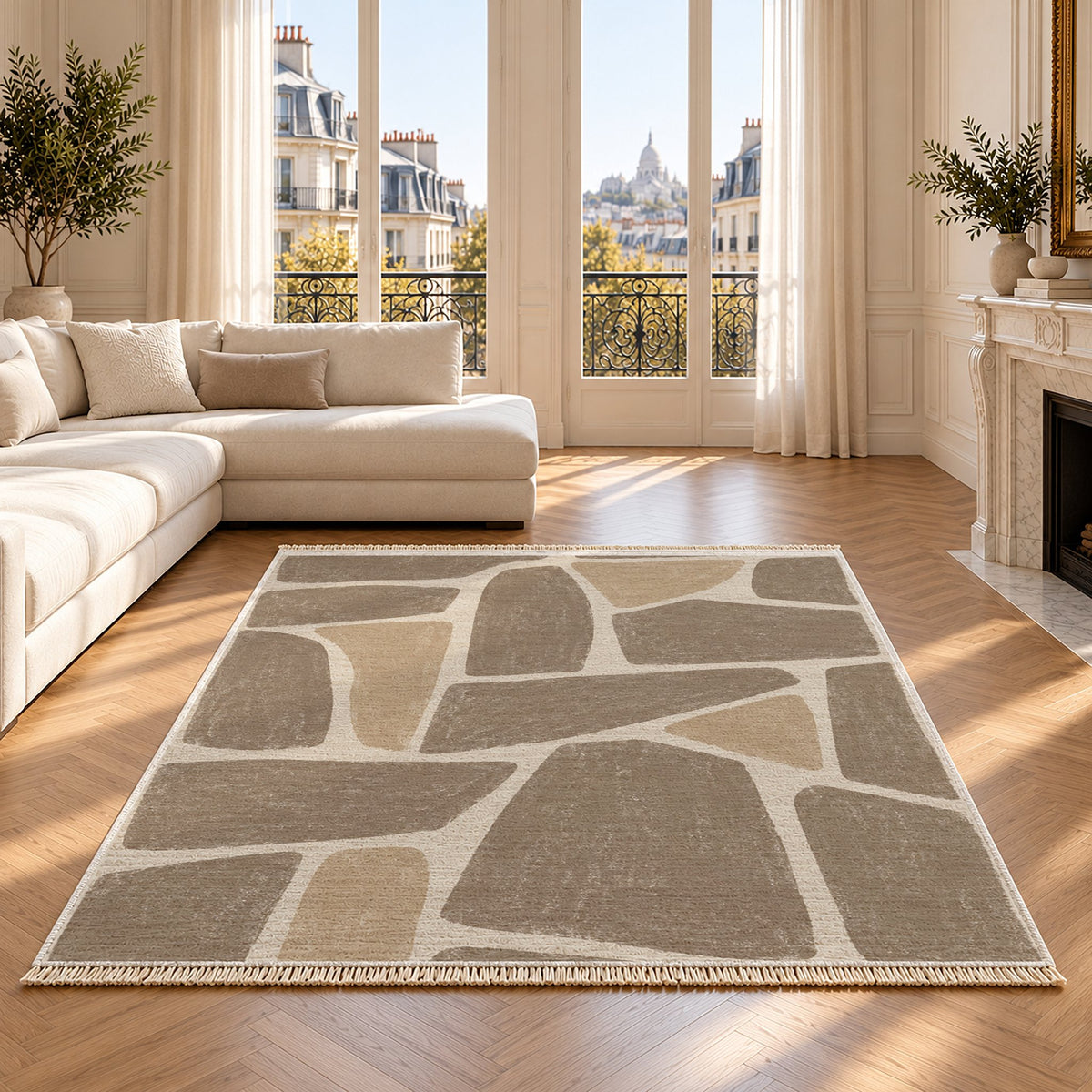 Chalk Fragment Ivory & Taupe washable rug on an oak floor