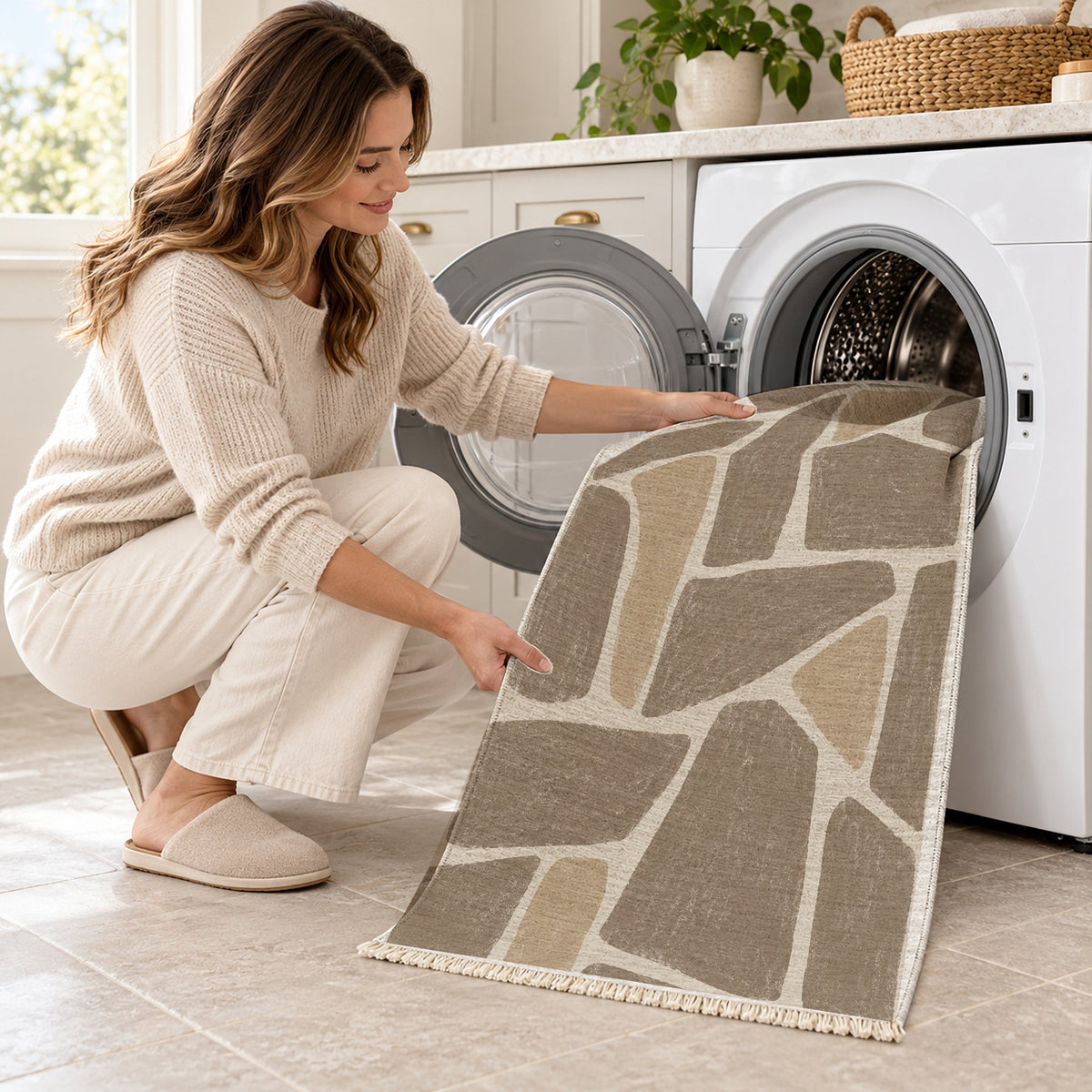 Chalk Fragment Ivory & Taupe washable rug being loaded into a washing machine