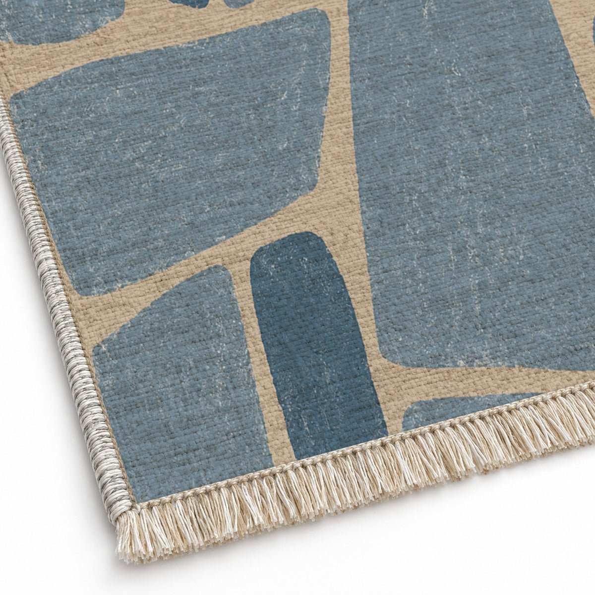 Chalk Fragment Oat & Dusty Blue washable rug close-up of the printed chenille