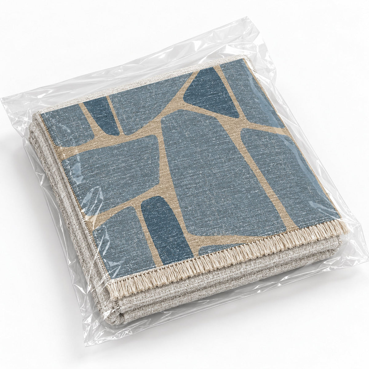 Chalk Fragment Oat & Dusty Blue washable rug rolled and packaged