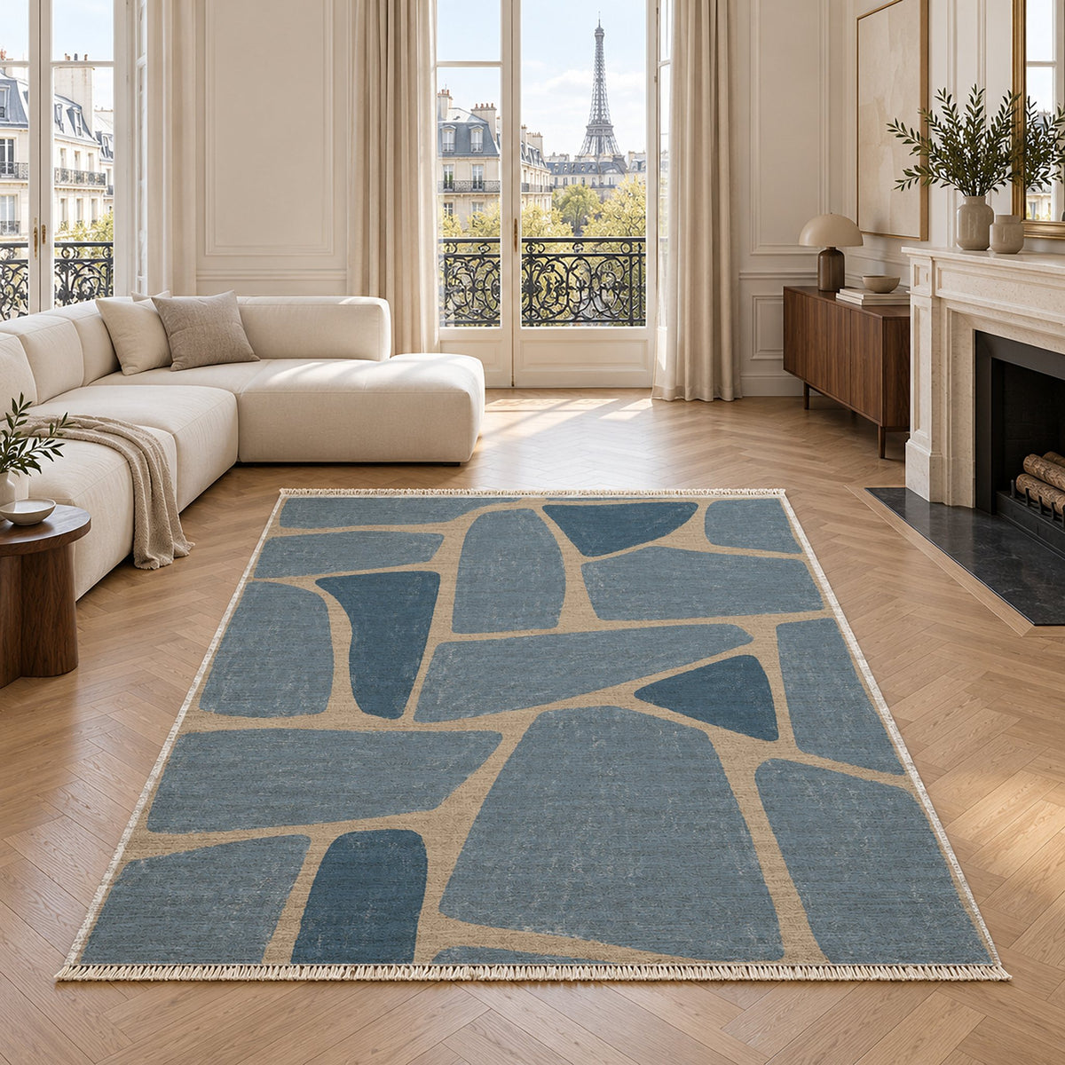 Chalk Fragment Oat & Dusty Blue washable rug in a living room with an Eiffel Tower view