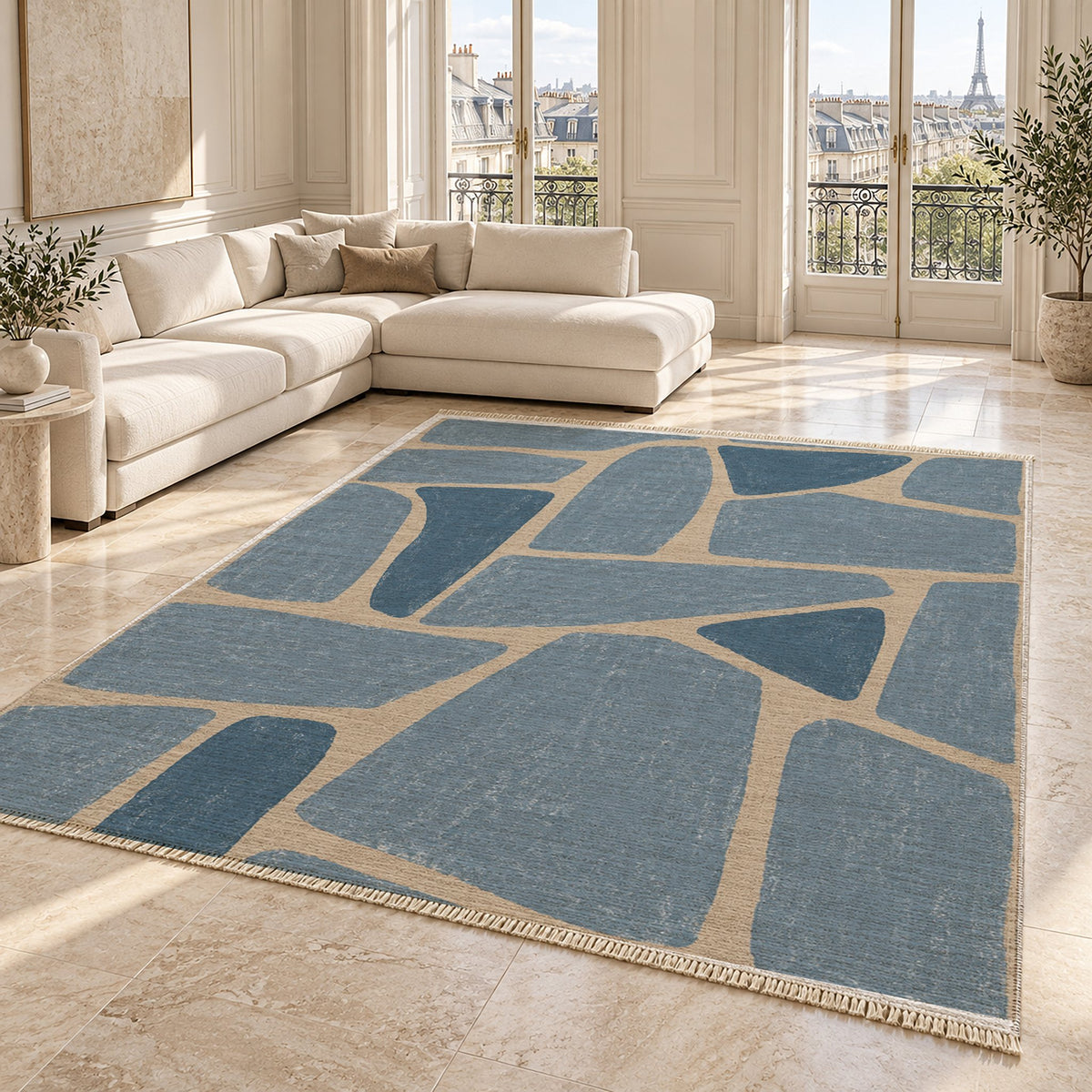 Chalk Fragment Oat & Dusty Blue washable rug angled room view on marble