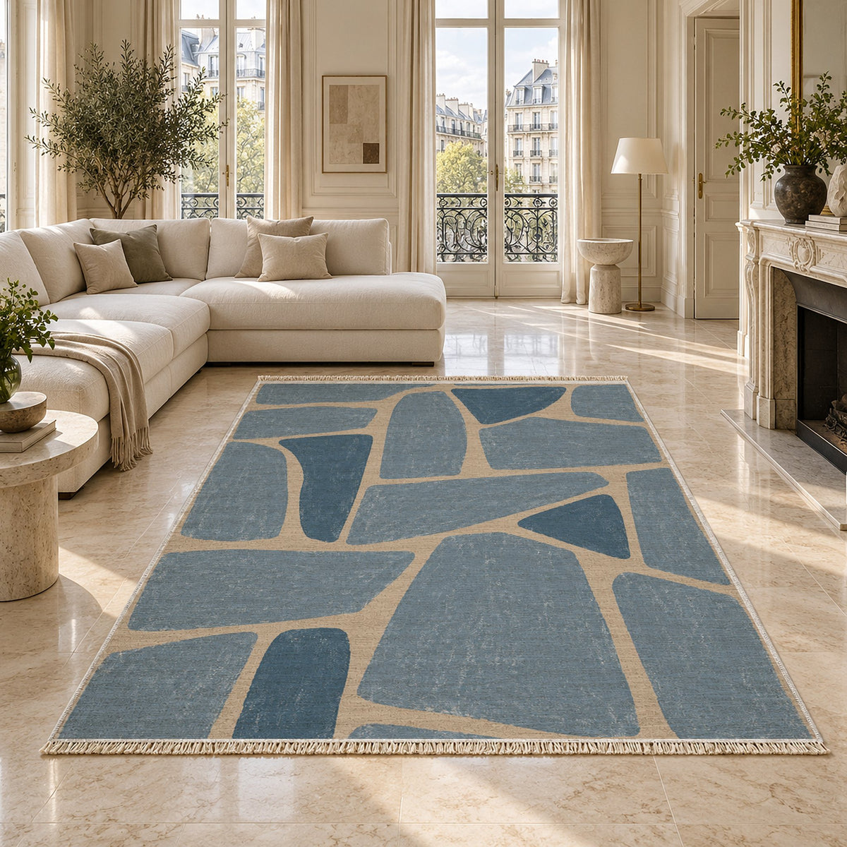 Chalk Fragment Oat & Dusty Blue washable rug on a marble floor