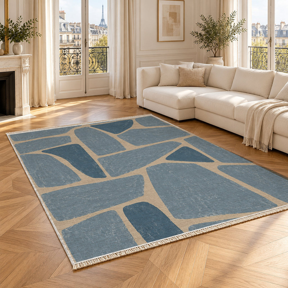 Chalk Fragment Oat & Dusty Blue washable rug angled room view