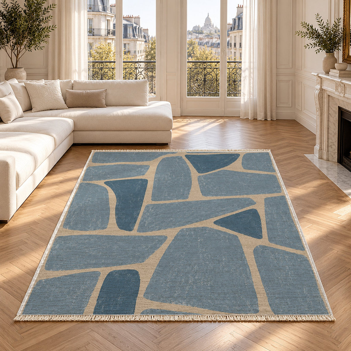 Chalk Fragment Oat & Dusty Blue washable rug in a Paris living room