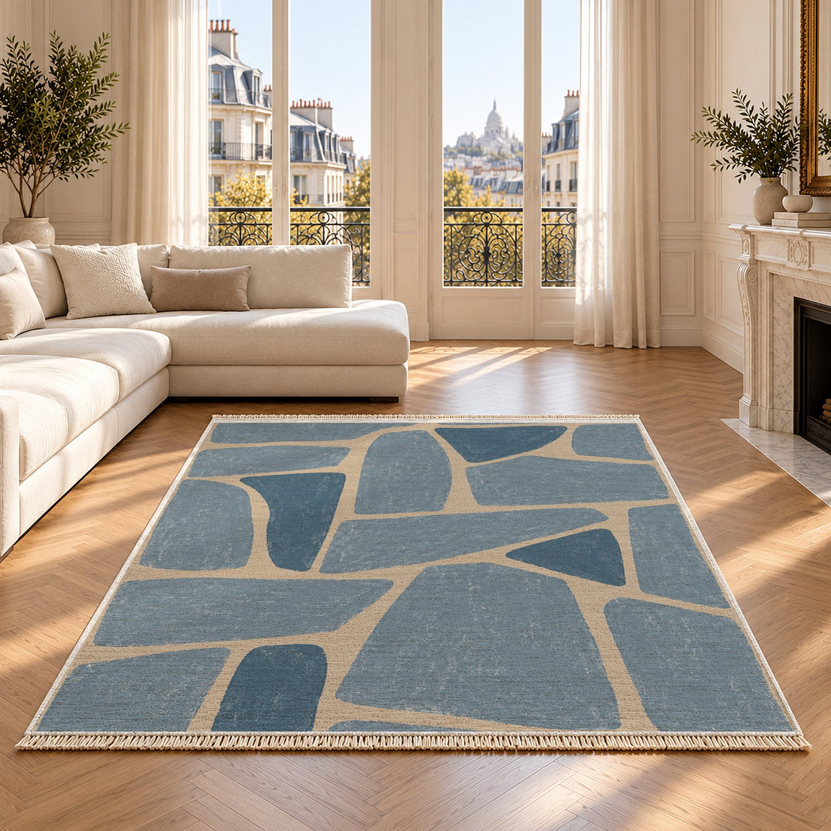 Chalk Fragment Oat & Dusty Blue washable rug on an oak floor