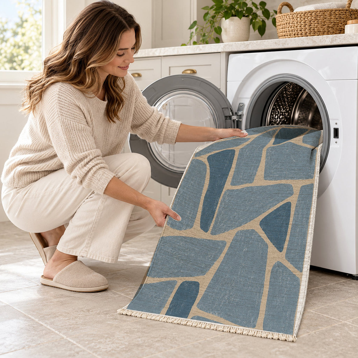 Chalk Fragment Oat & Dusty Blue washable rug being loaded into a washing machine