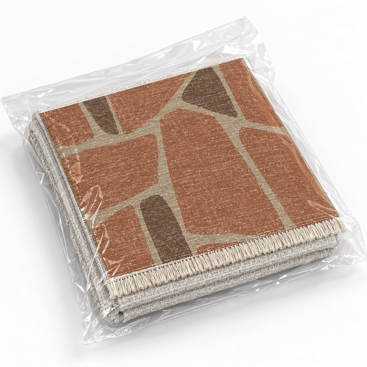 Chalk Fragment Sand & Terracotta washable rug rolled and packaged