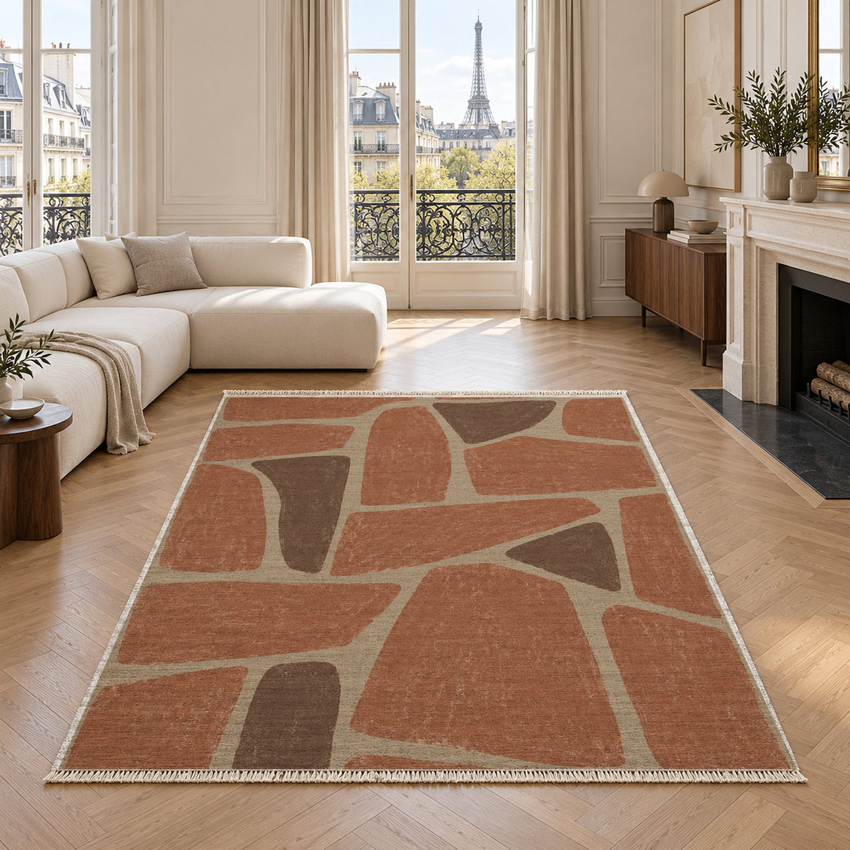 Chalk Fragment Sand & Terracotta washable rug in a living room with an Eiffel Tower view