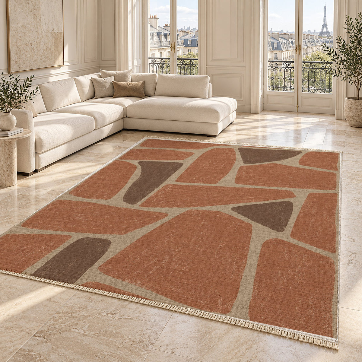 Chalk Fragment Sand & Terracotta washable rug angled room view on marble