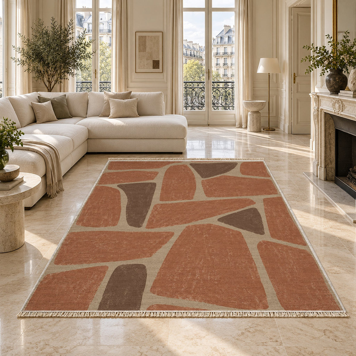 Chalk Fragment Sand & Terracotta washable rug on a marble floor