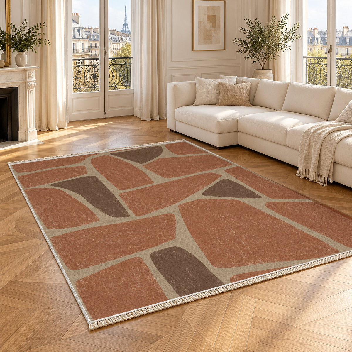 Chalk Fragment Sand & Terracotta washable rug angled room view