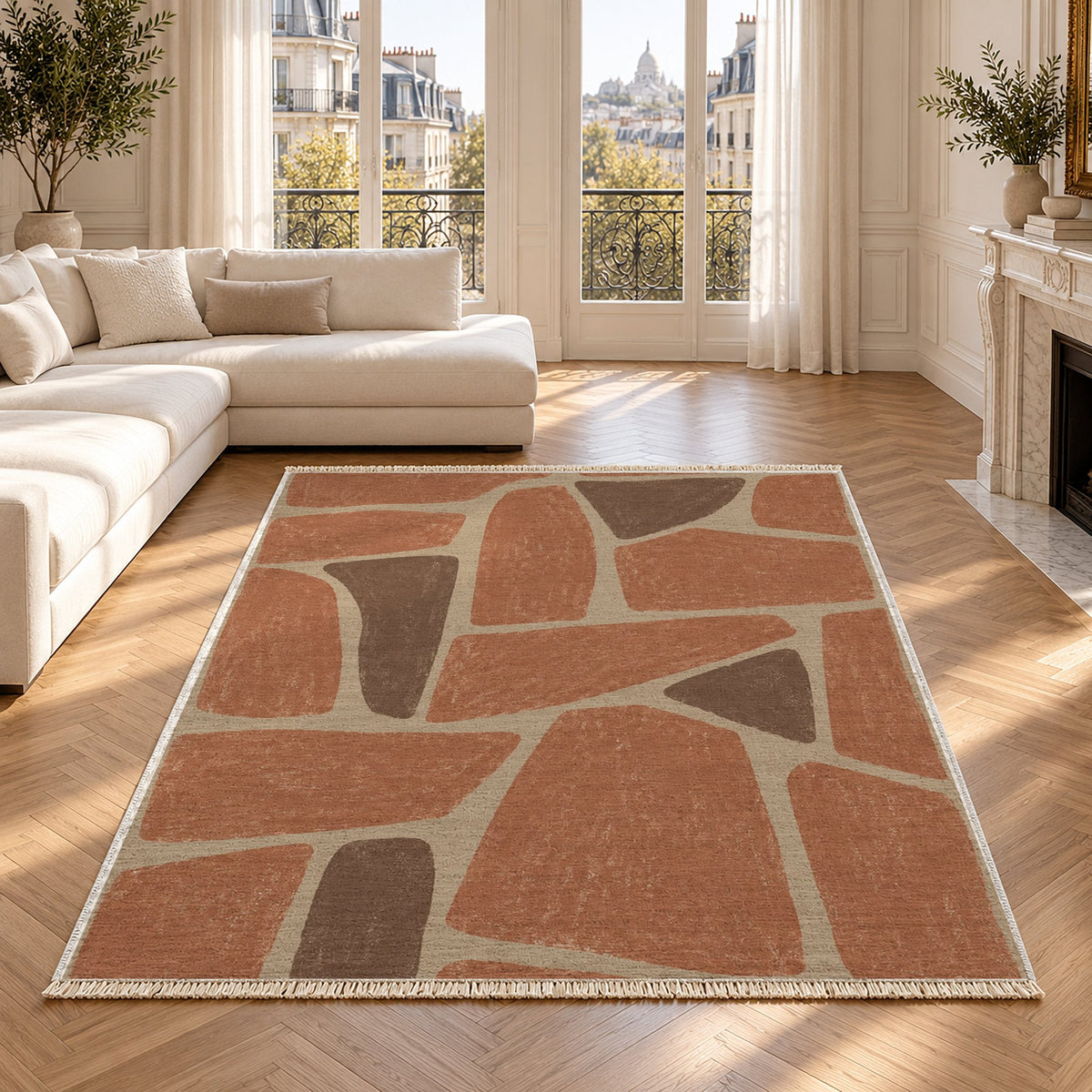 Chalk Fragment Sand & Terracotta washable rug in a Paris living room