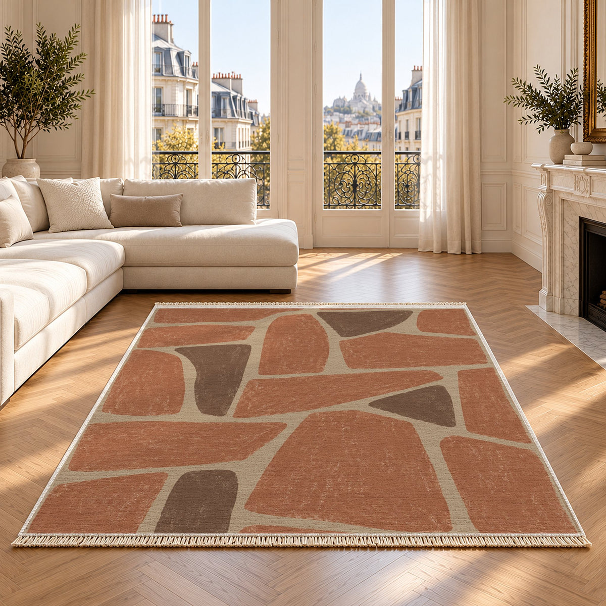 Chalk Fragment Sand & Terracotta washable rug on an oak floor