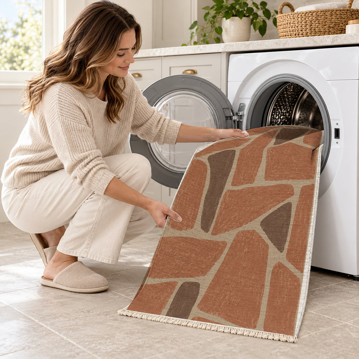 Chalk Fragment Sand & Terracotta washable rug being loaded into a washing machine