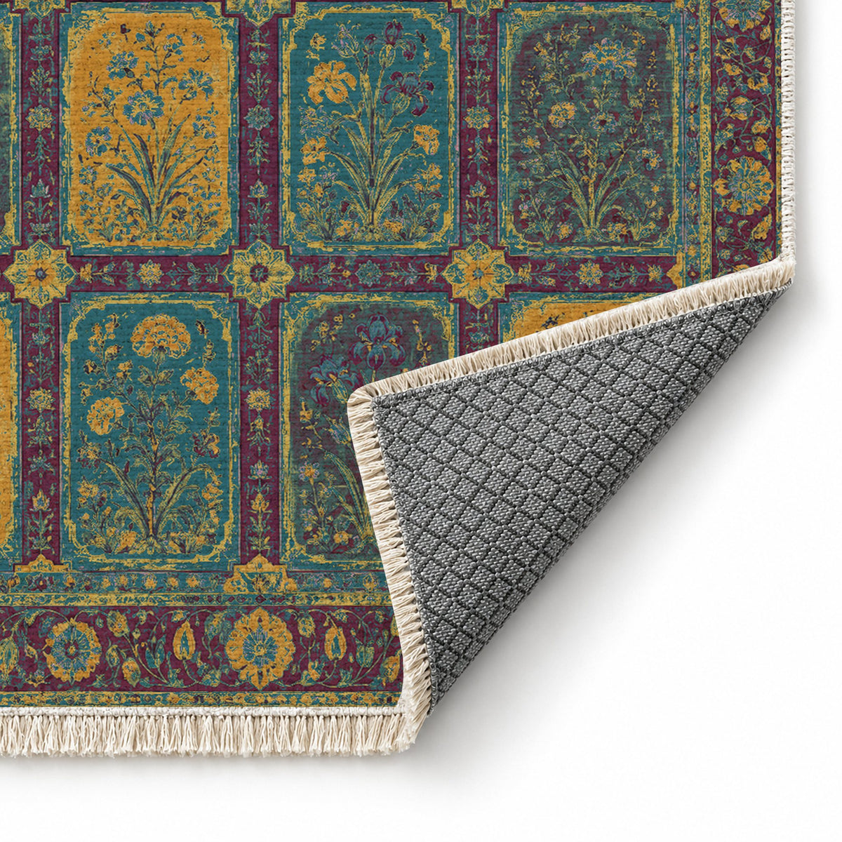 Charbagh Burgundy & Teal washable rug folded corner showing the backing