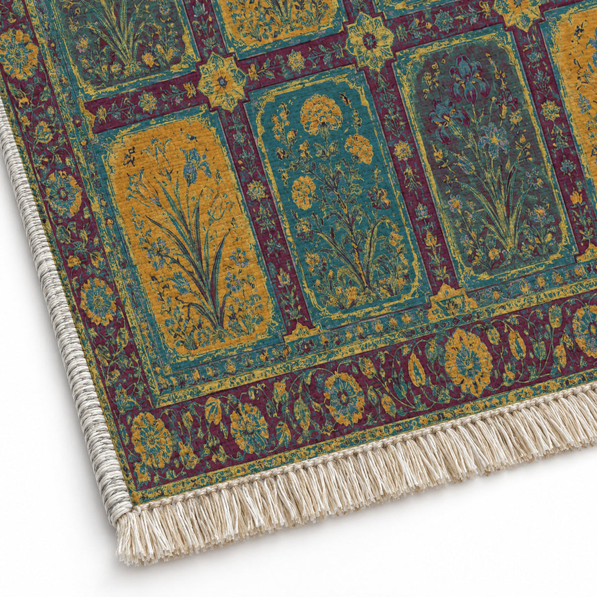 Charbagh Burgundy & Teal washable rug close-up of the printed chenille