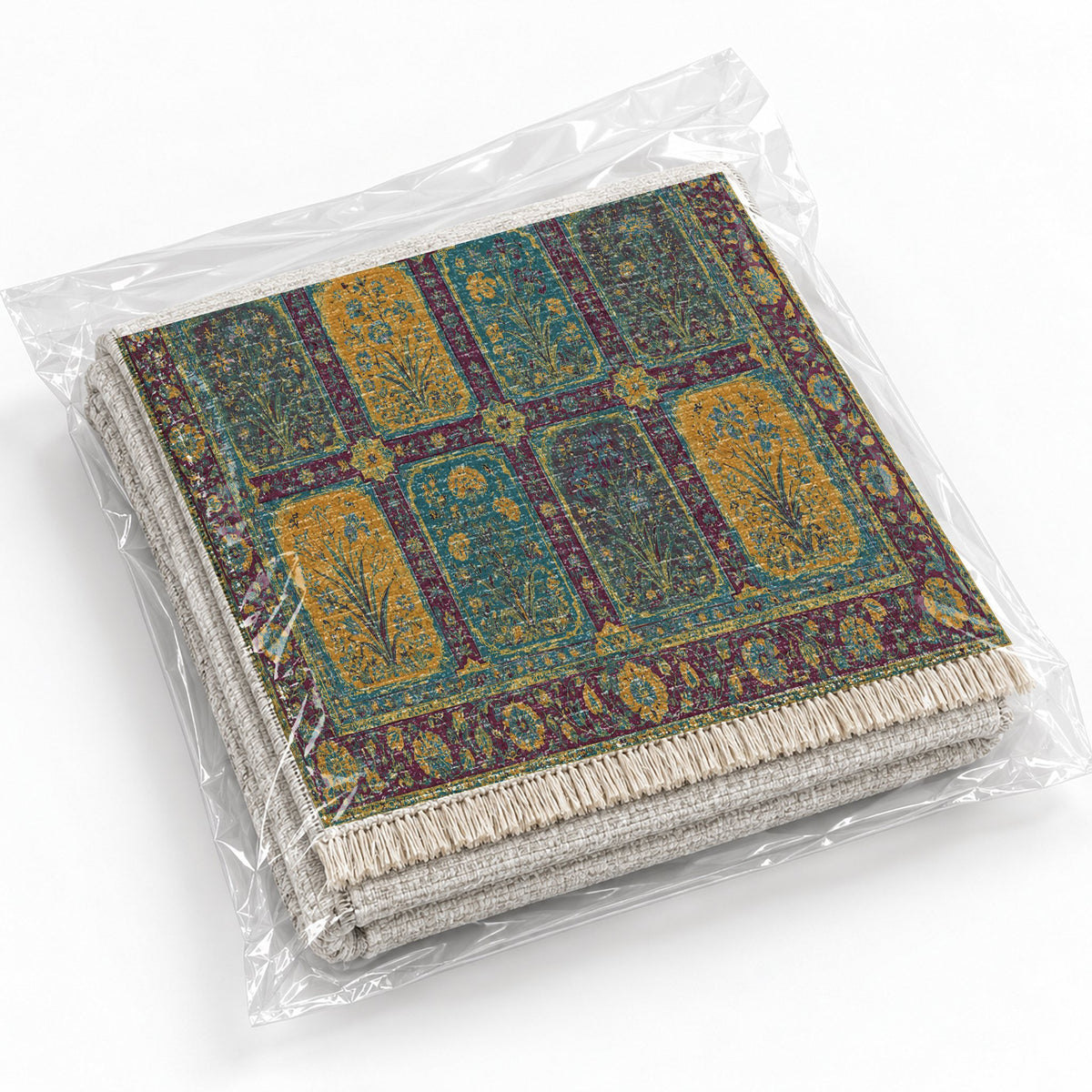 Charbagh Burgundy & Teal washable rug rolled and packaged