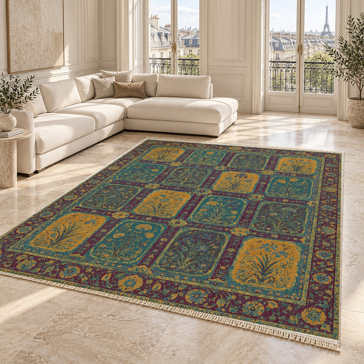 Charbagh Burgundy & Teal washable rug angled room view on marble