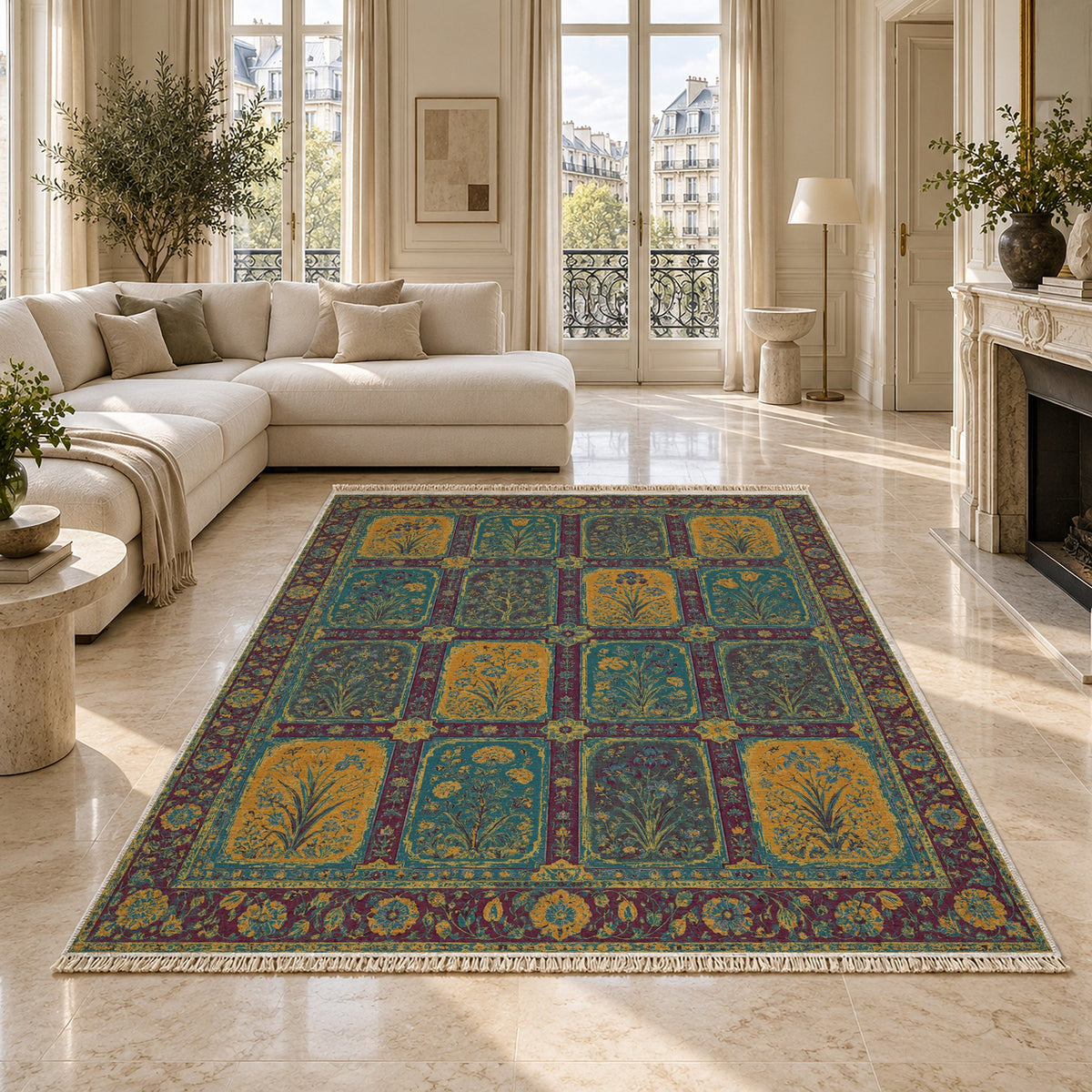 Charbagh Burgundy & Teal washable rug on a marble floor