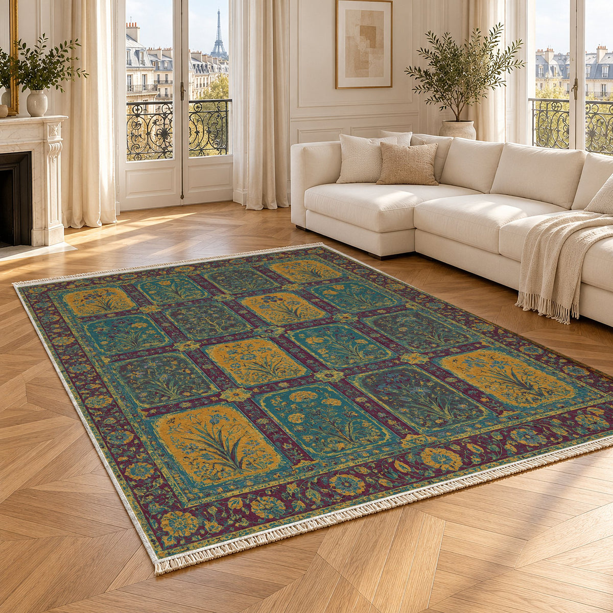 Charbagh Burgundy & Teal washable rug angled room view