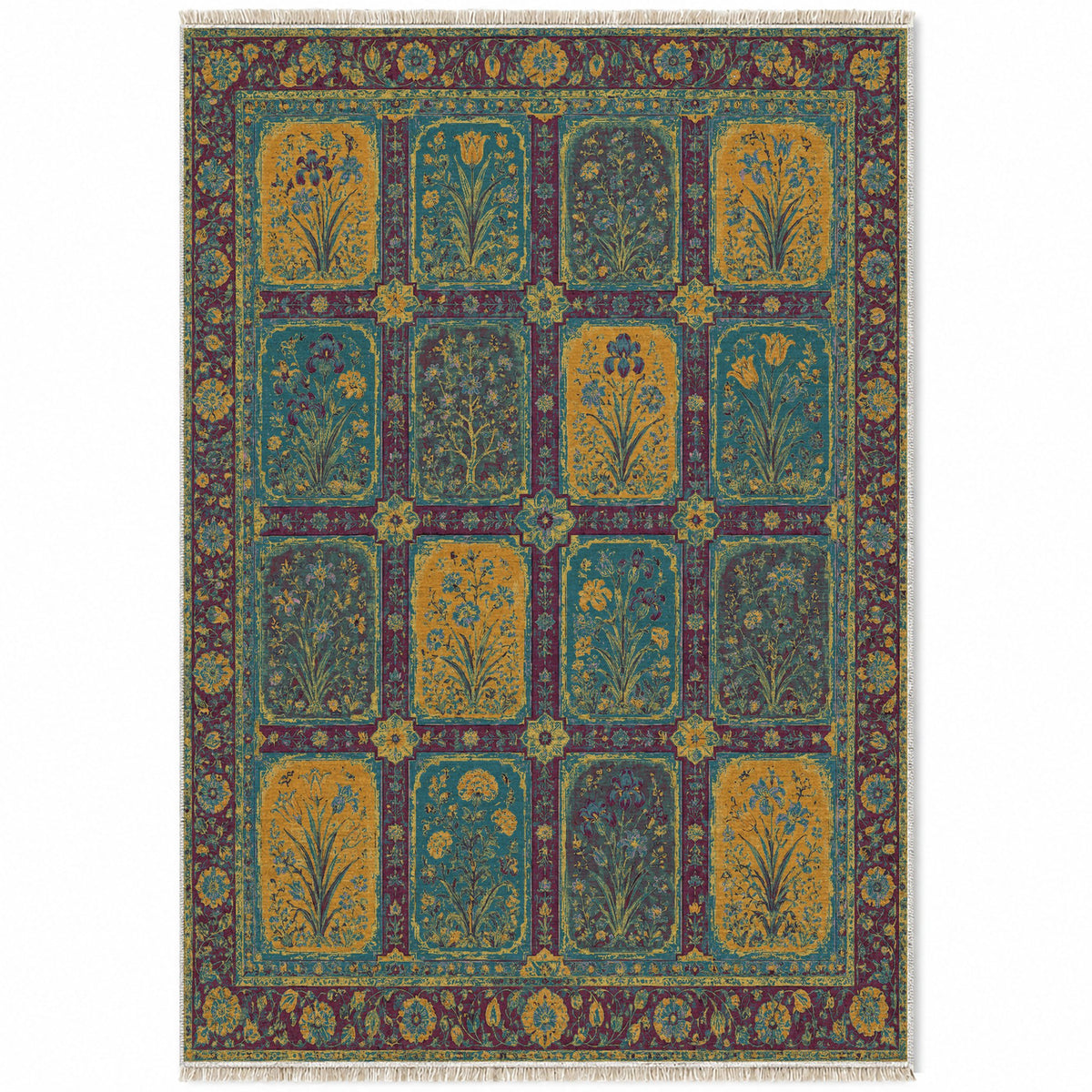 Charbagh Burgundy & Teal washable rug top view