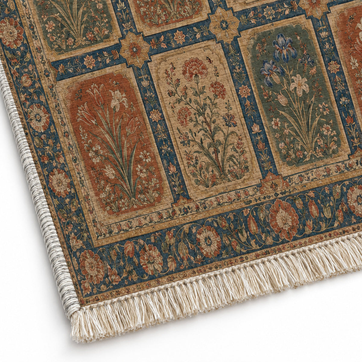 Charbagh Indigo & Rust washable rug close-up of the printed chenille