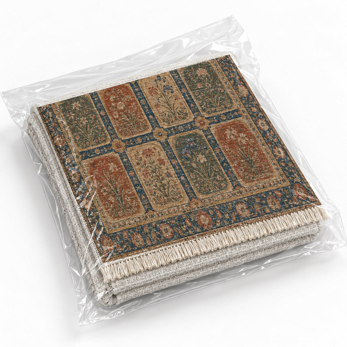 Charbagh Indigo & Rust washable rug rolled and packaged
