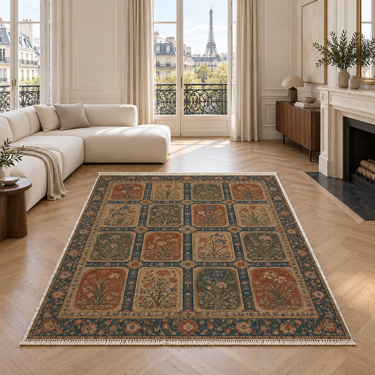 Charbagh Indigo & Rust washable rug in a living room with an Eiffel Tower view