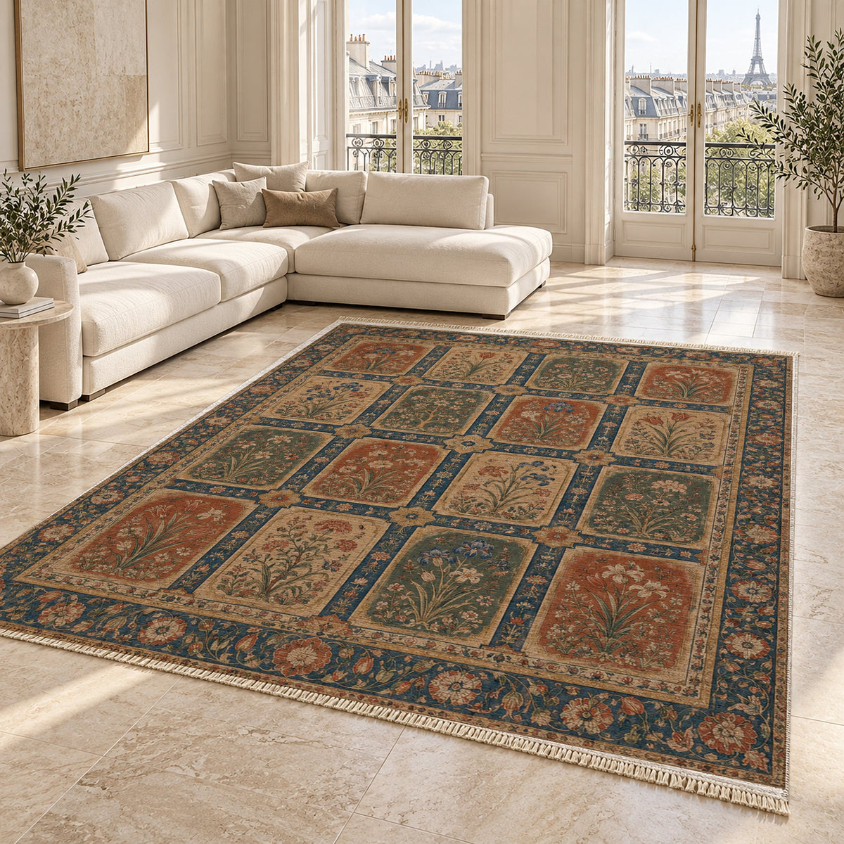 Charbagh Indigo & Rust washable rug angled room view on marble