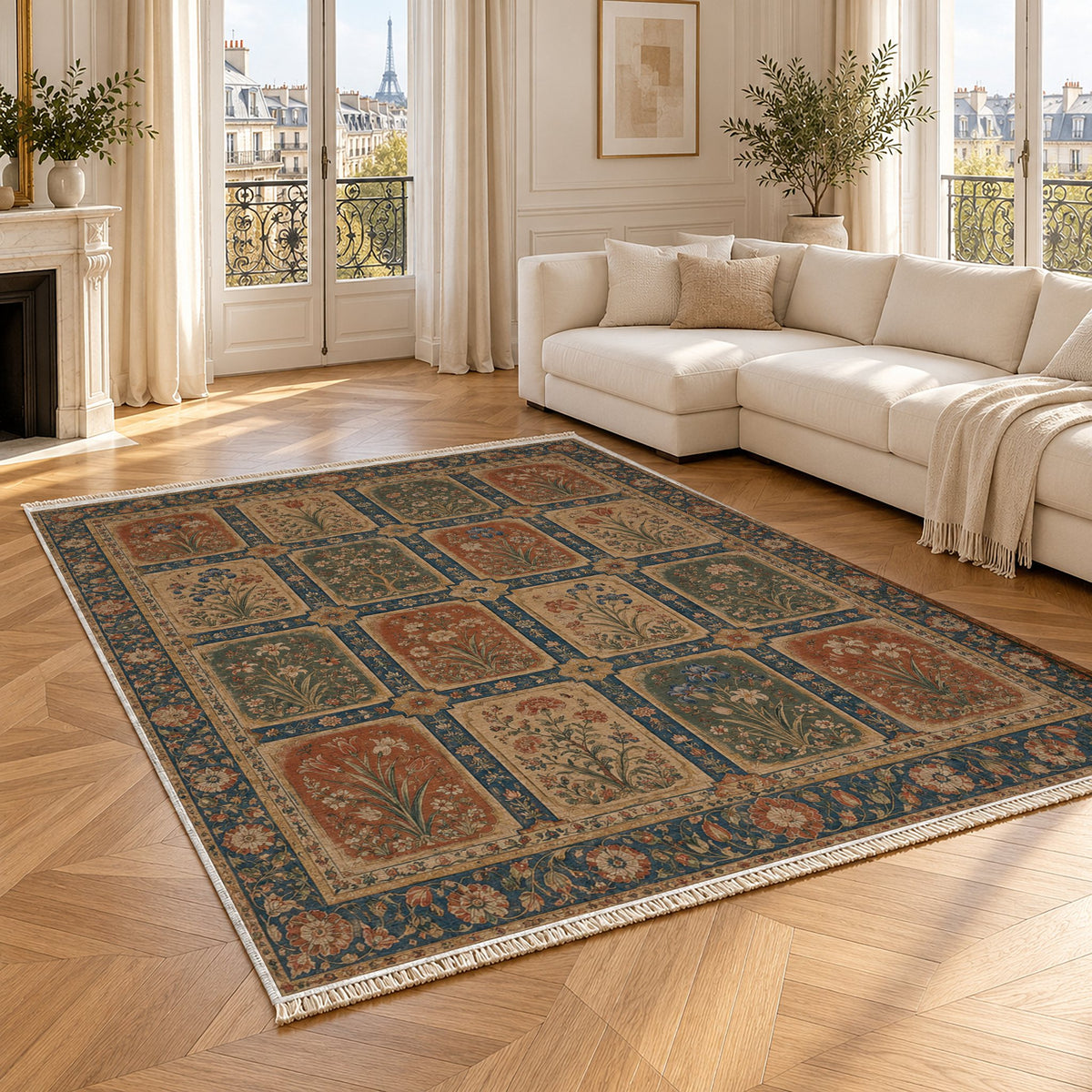 Charbagh Indigo & Rust washable rug angled room view