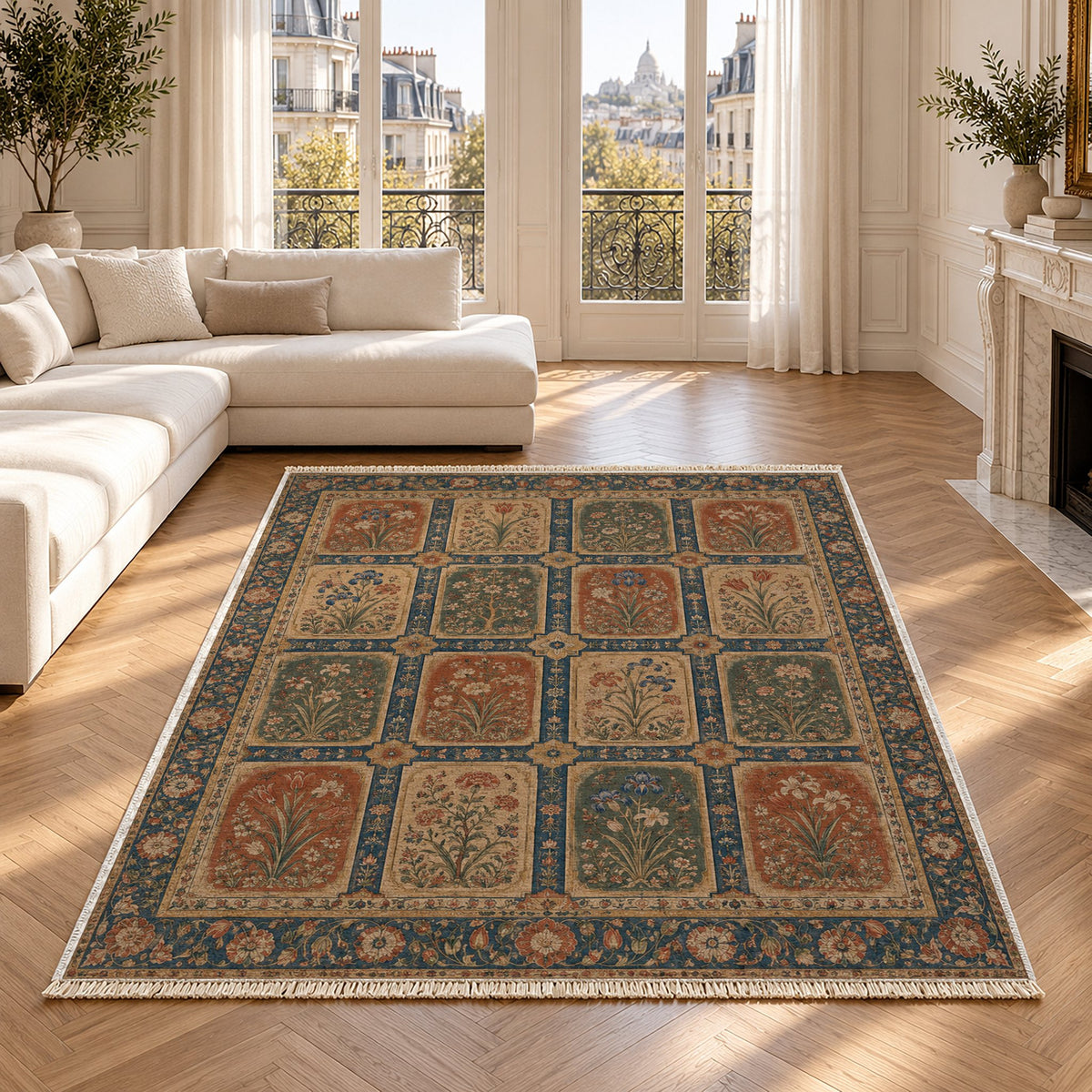 Charbagh Indigo & Rust washable rug in a Paris living room
