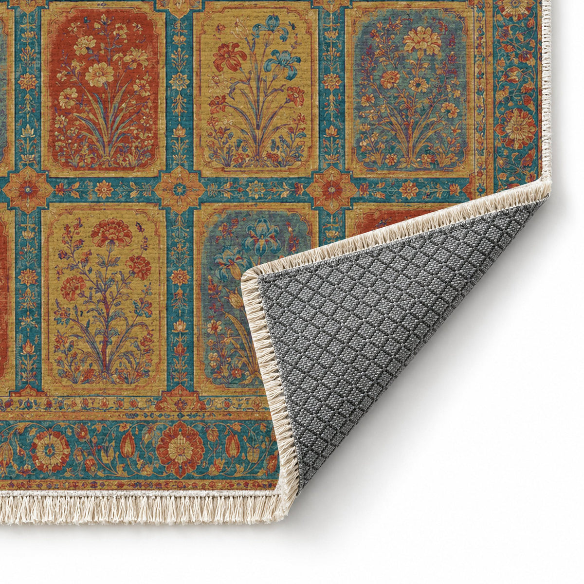 Charbagh Peacock & Ochre washable rug folded corner showing the backing