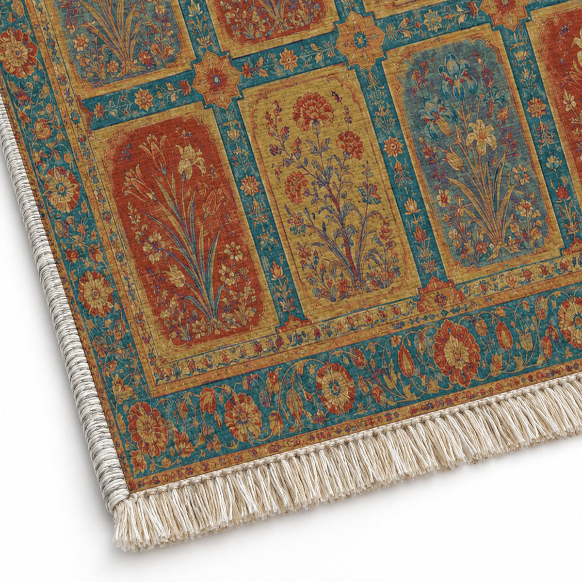 Charbagh Peacock & Ochre washable rug close-up of the printed chenille