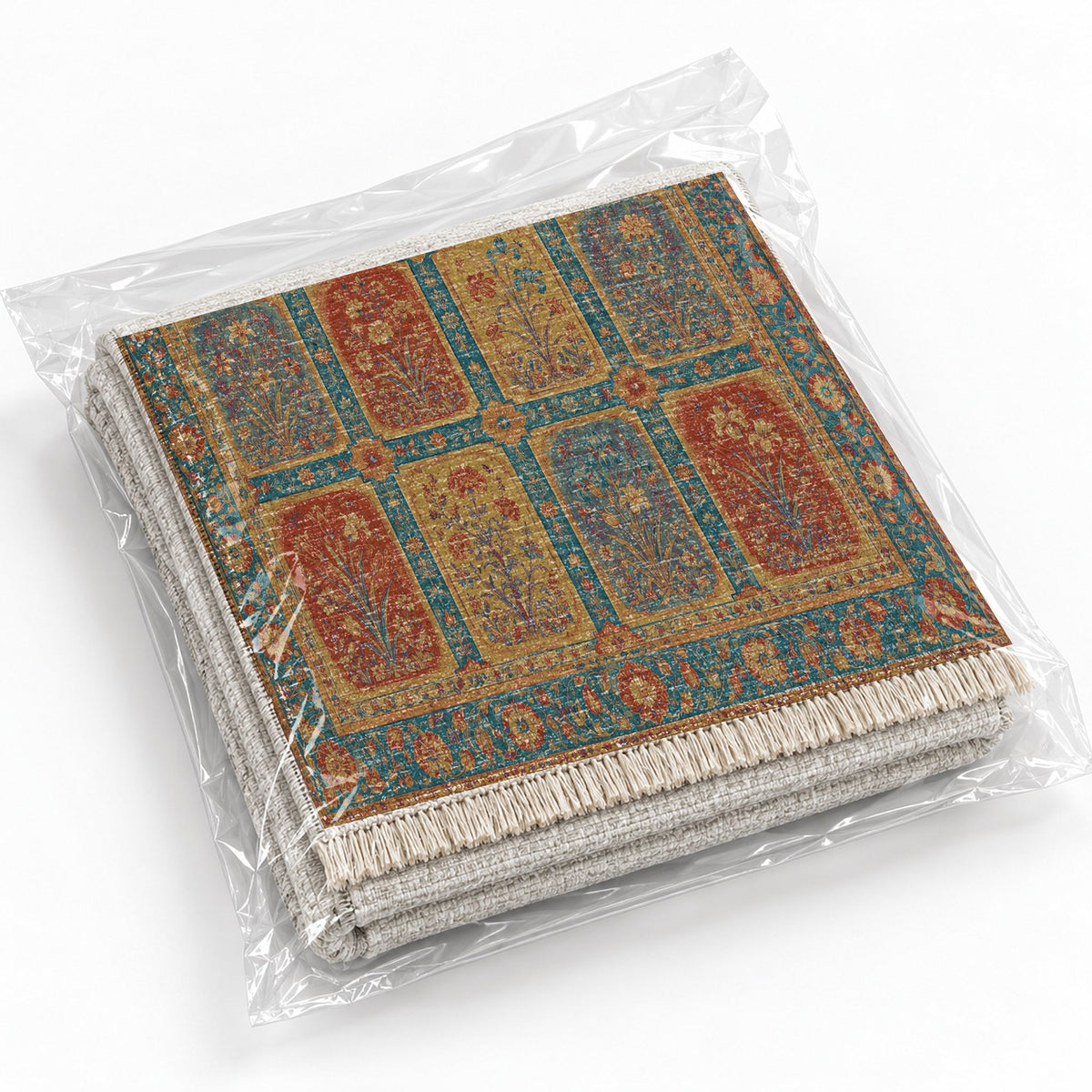 Charbagh Peacock & Ochre washable rug rolled and packaged